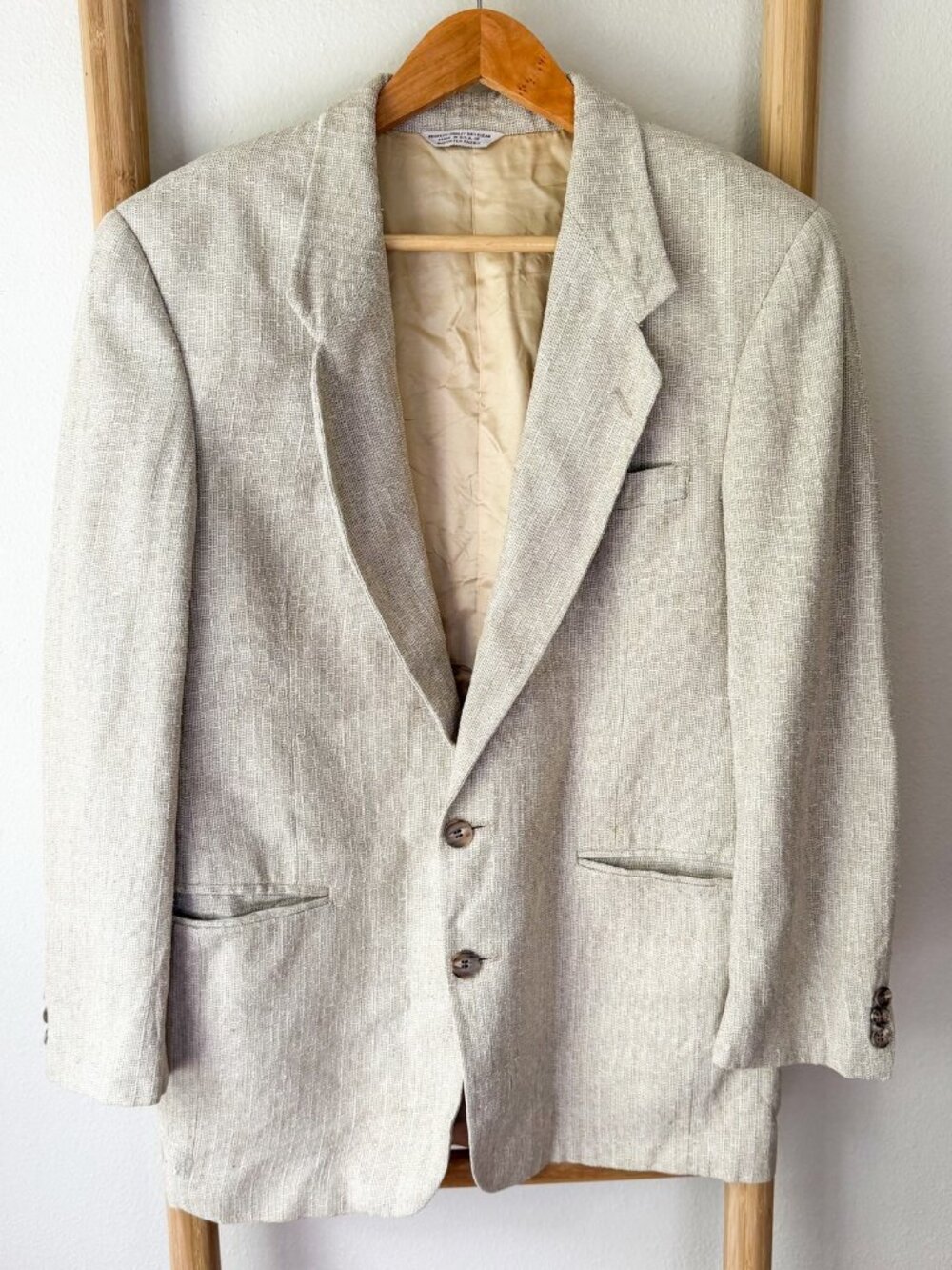 Adolfo Linen Blazer Jacket Beige Silk Lined Vintage 2 Button Men’s Size Large